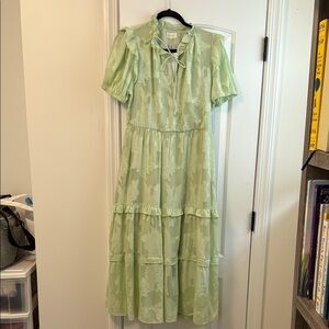 MELLODAY Green Ruffled Maxi Sundress with Puff Sleeves